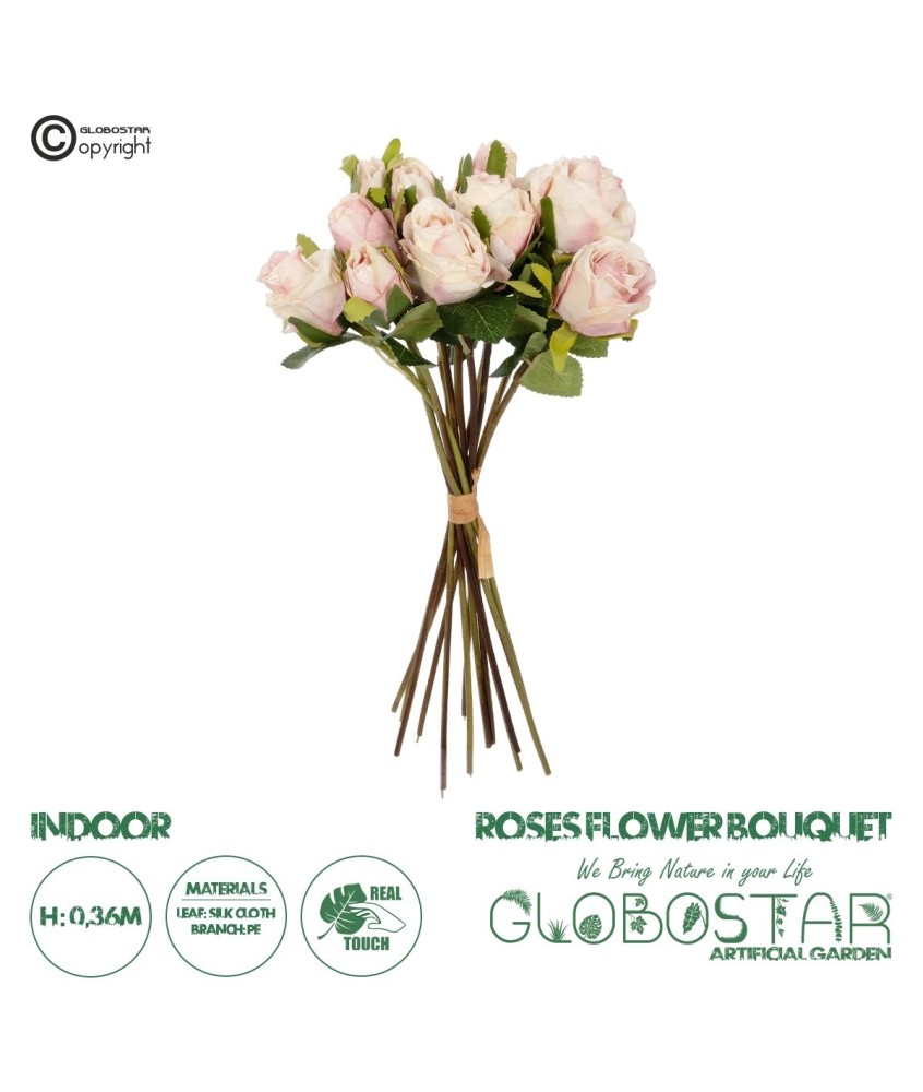 GloboStar® Artificial Garden PINK ROSE BOUQUET 21082 Τεχνητό Διακοσμητικό Μπουκέτο Τριαντάφυλλα Ροζ Y36cm